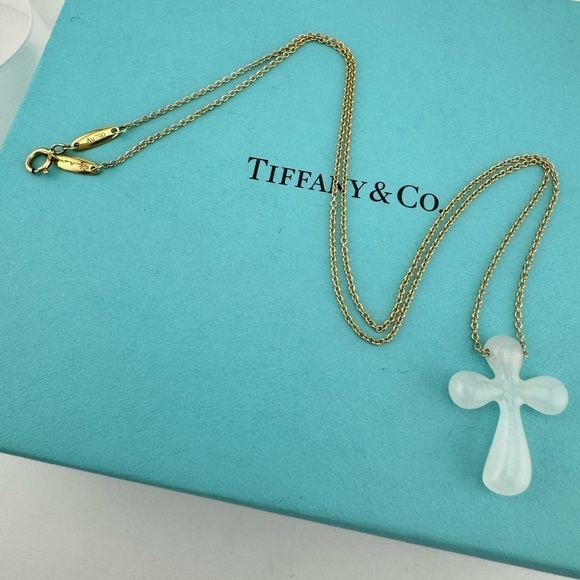 Tiffany & Co. Elsa Peretti White Jade Cross Necklace 18k Yellow Gold 16" - Picture 3 of 8